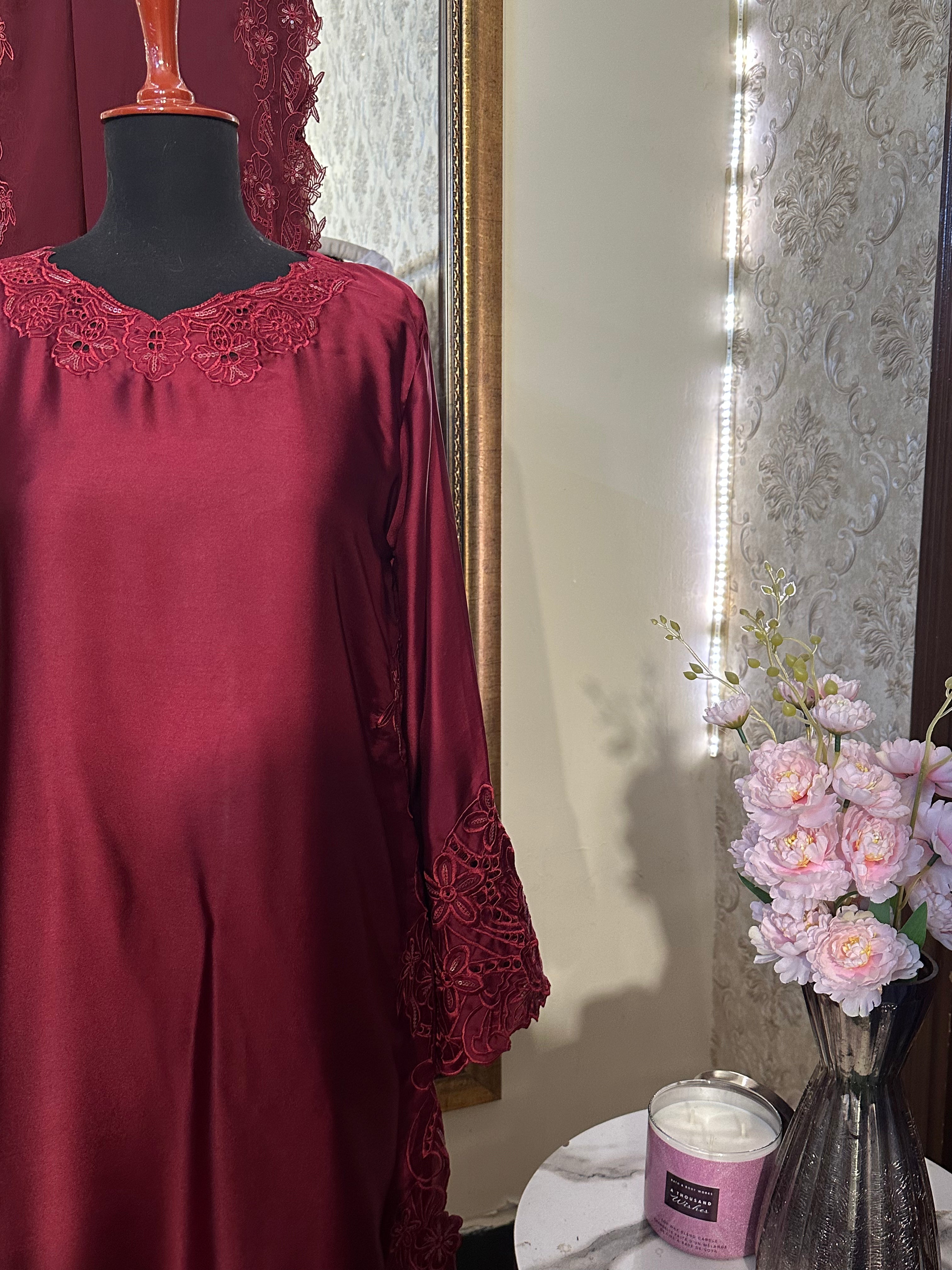 Cutwork silk Maroon